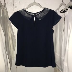 Ann Taylor Navy Blouse with Lace Detail